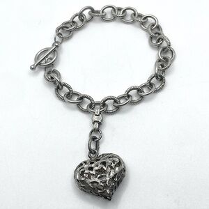 Vtg Sterling Heart Charm Toggle Bracelet Textured Circle Links 7.5” / 19g